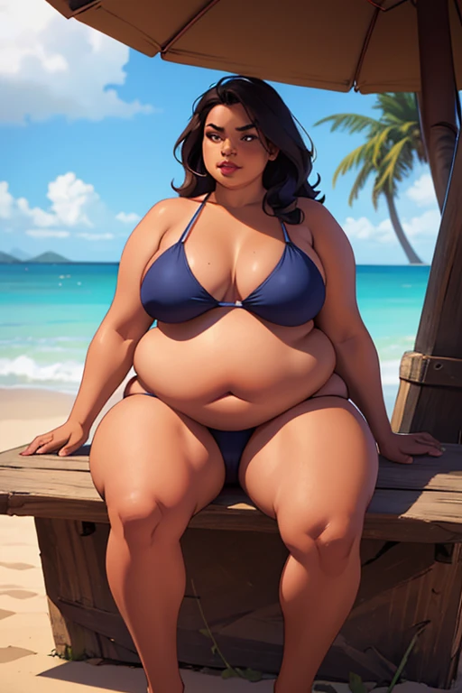 1 girl, morbidly obese gorgeous samoan woman, dark skin, long hair, (bikini), (double chin), overweight, (bloated belly), big breasts, make-up, exotic island,