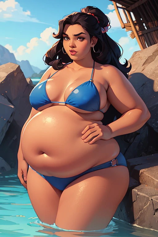 1 girl, morbidly obese gorgeous samoan woman, dark skin, long hair, (bikini), (double chin), overweight, (bloated belly), big breasts, make-up, exotic island,
