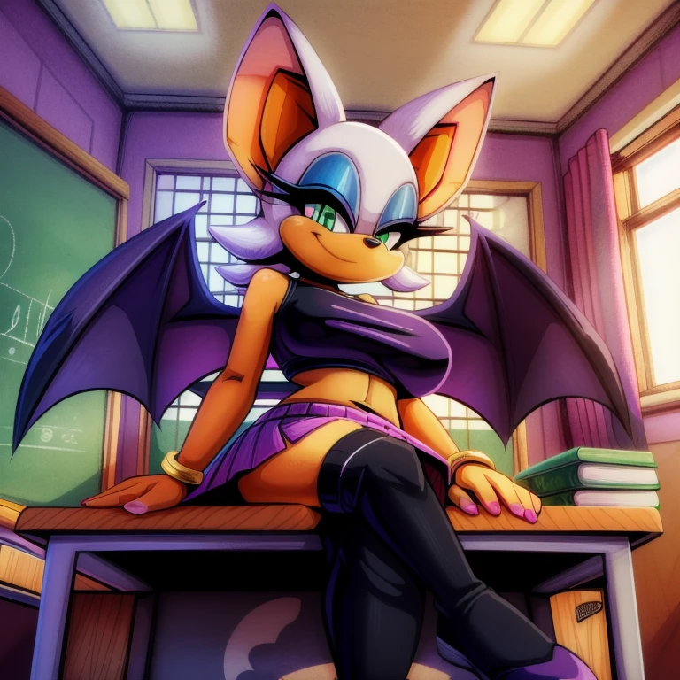 (uploaded on e621), (((by joelasko, by marthedog, by senshion))), detailed background, detailed, perfect hands, 5 fingers, ((ultradetailed, highest quality, 8k uhd, raw photo)), (full body shot, masterpiece, best_quality, ultra-detailed, immaculate:1.3), 1girl, solo, breasts, looking at viewer, smile, skirt, big breasts, thighhighs, animal ears, jewelry, green eyes, white hair, wings, indoors, bracelet, makeup, bat wings, furry, desk, eyeshadow, furry female, classroom, school desk, animal nose, bat ears, Rouge the bat, sitting on desk, purple crop top
