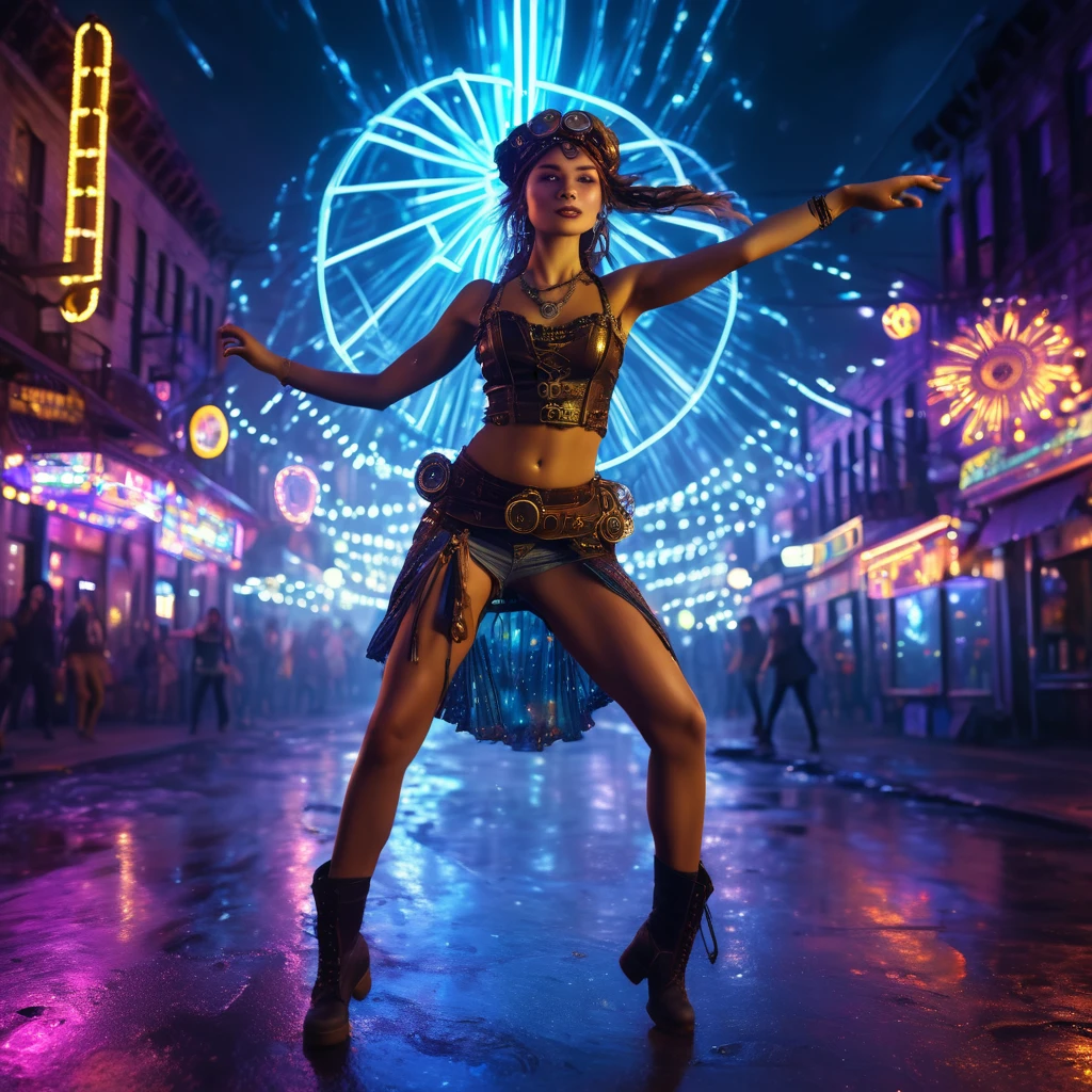 a steampunk hippie girl dancing among the street under city lights, complete body, iconic dance stance, luminous neon rays wrapped around, nebula scenery, cinematic portrait, UHD, super detailed, luminescent, intricate, unreal engine,epic realism