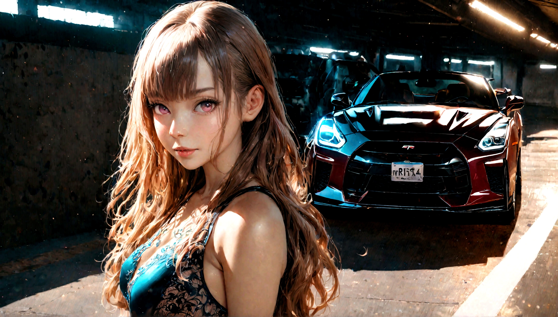 a beautiful girl in a tight dress posing next to a black nissan gtr, hyper realistic, 8k, cinematic lighting, detailed facial features, photorealistic, volumetric lighting, dramatic shadows, highly detailed, intricate details, stunning, exquisite, flawless skin, elegant pose, impeccable fashion, glossy car paint, smooth metallic reflections, depth of field, cinematic framing