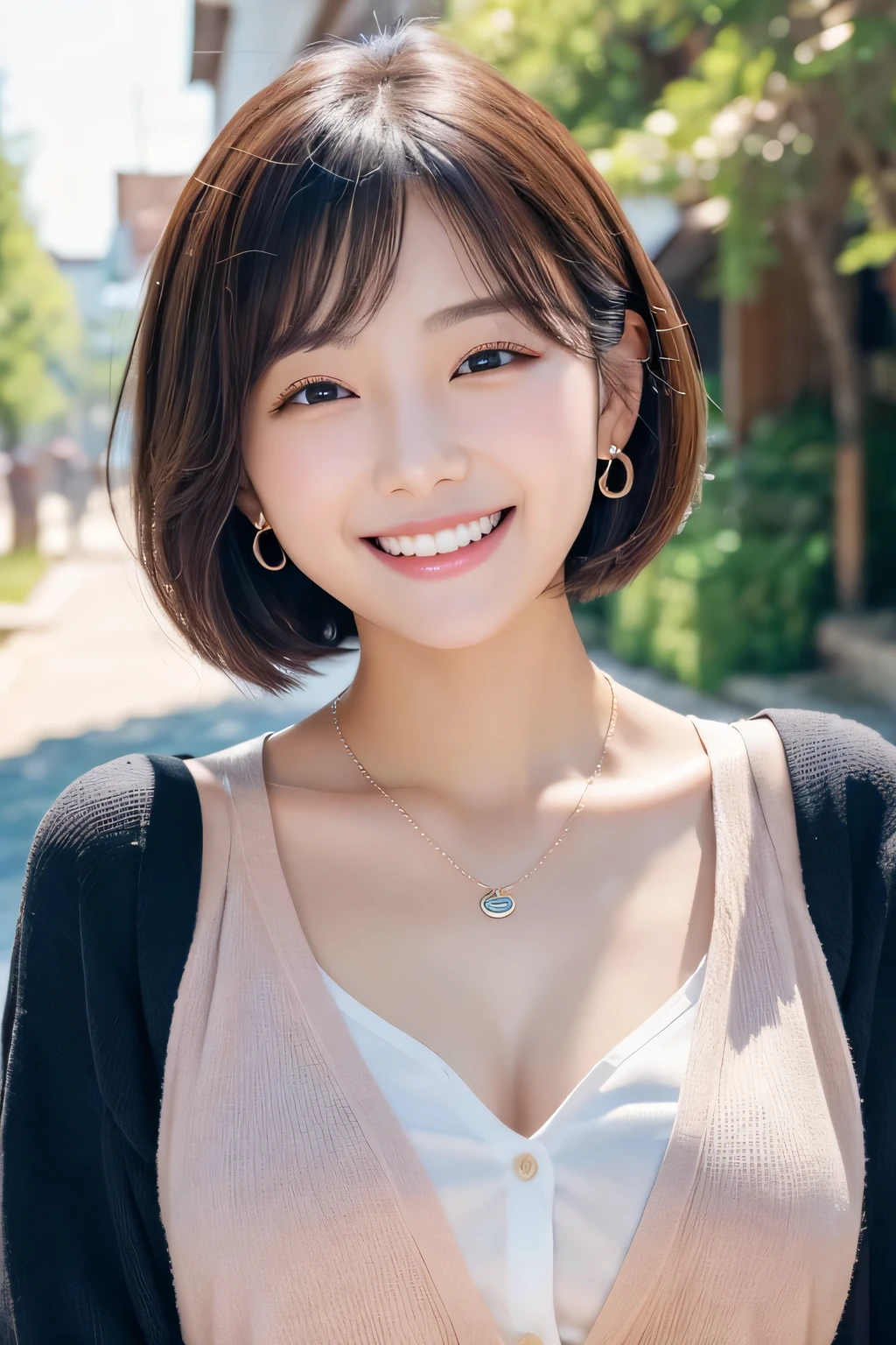 Beautiful young woman、 Korean women、Short hair、ear piercing、Necklace around the neck、blouse、smile、Laughing with your mouth open、Beautiful teeth alignment、Intricate details, Very detailed:1.2), 、 Looking into the camera,The background is the town、Cardigan draped over shoulders