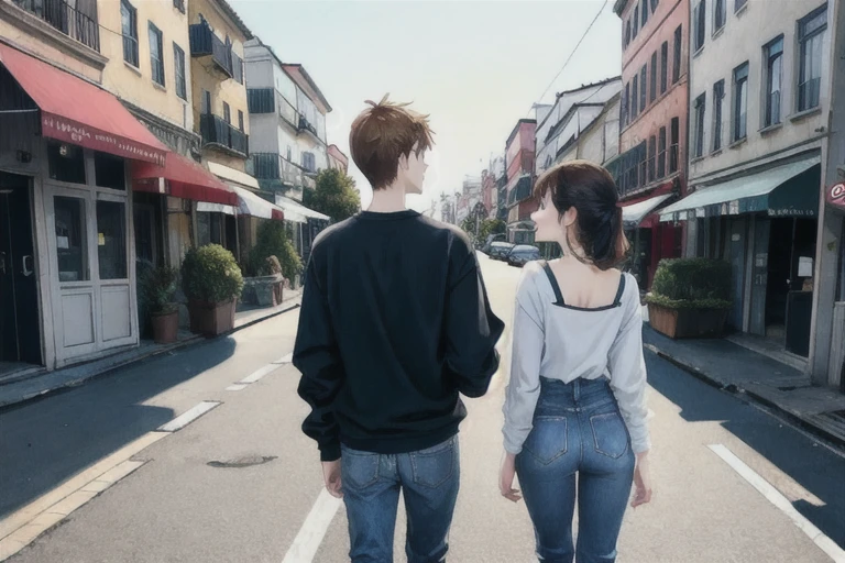 Boyfriend and girlfriend seen from behind, 18-year-old、City front ,Casual clothes,Good friends couple, 8K view,No blur,Realistic,