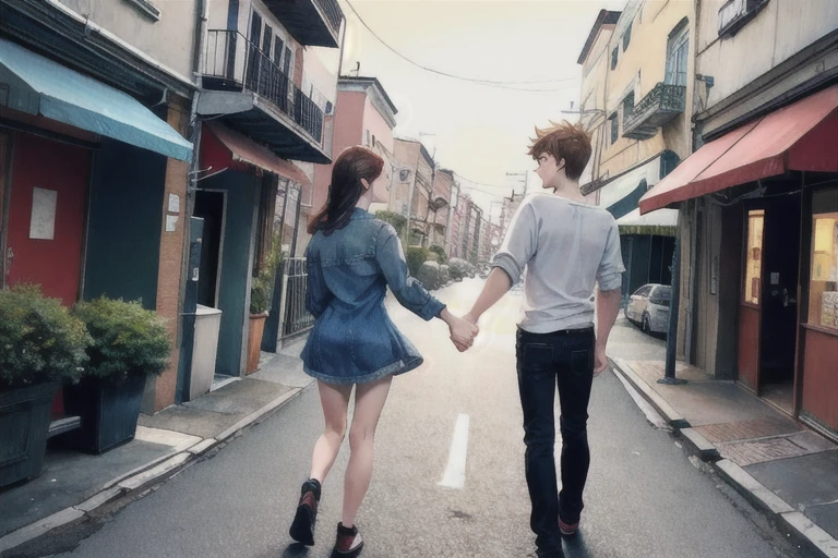 Boyfriend and girlfriend seen from behind, 18-year-old、City front ,Casual clothes,Good friends couple, 8K view,No blur,Realistic,