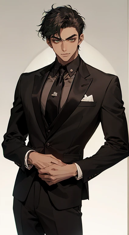((a young man in a black suit and tie)), taken in the early 2020s, gotham, alejandro, he looks very sophisticated, (((left side swept black short hair))), (dark green eyes and thick eyebrows), smirk. ((20 years old)), ((Black suite and black tie)), masterpiece, posture dynamic, one person, ((brown skin))