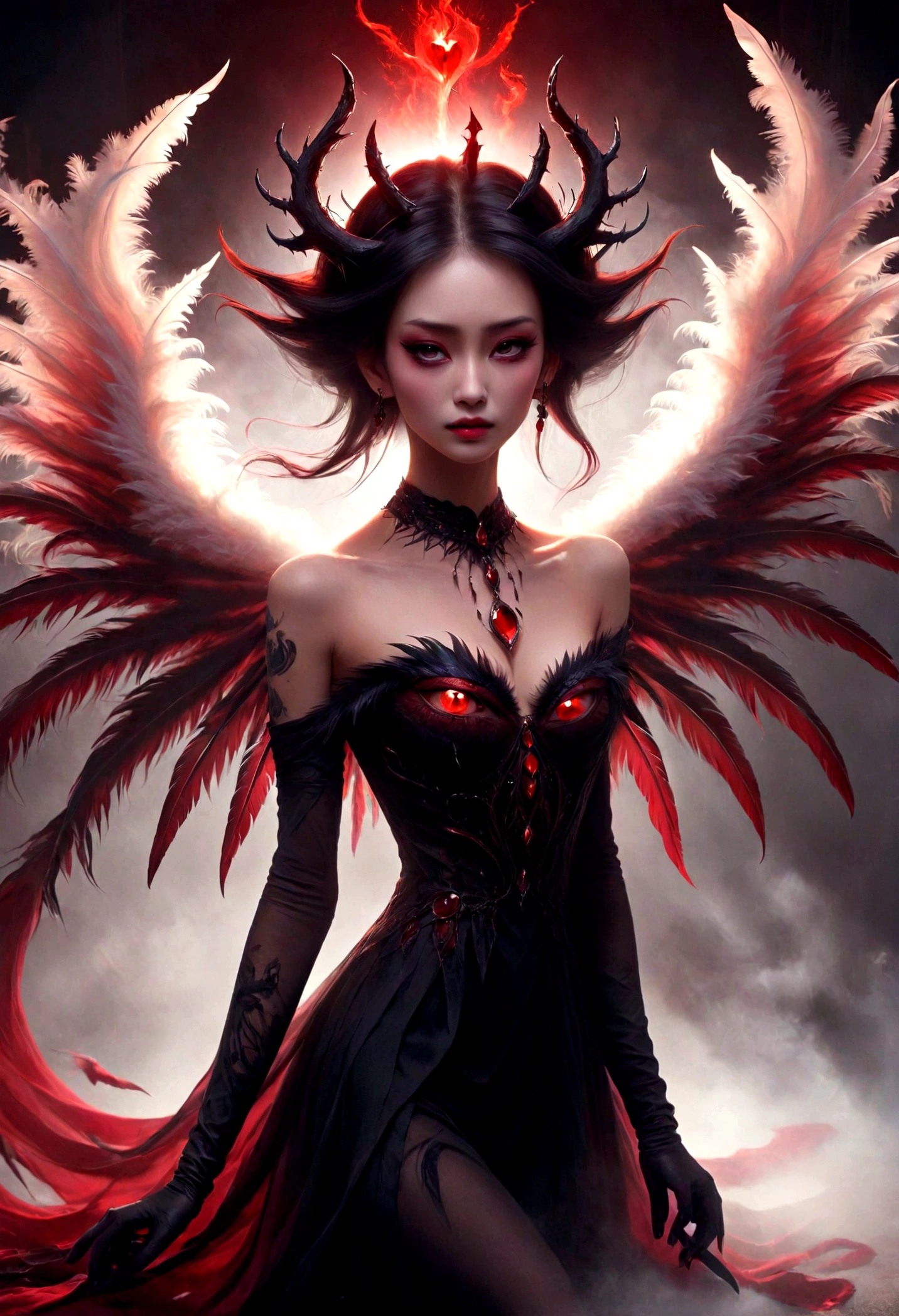 Generate images of demons with crimson wings. Give this image a captivating aura and powerful feather movement. Next, Add a devil's dress designed to emphasize the lines of the body, With feather accents to create a dark and mysterious atmosphere. reeds, Combine accessories with black or dark red headpieces, Crimson Gemstone Necklace、Matching rings and earrings. Finally, Add dark tone makeup and red or black eyeshadow、Complete the atmosphere of the devil.