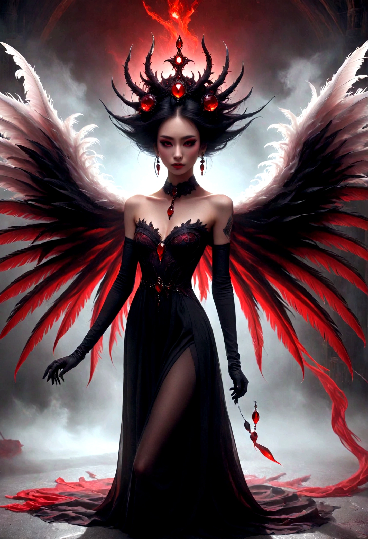 Generate images of demons with crimson wings. Give this image a captivating aura and powerful feather movement. Next, Add a devil's dress designed to emphasize the lines of the body, With feather accents to create a dark and mysterious atmosphere. reeds, Combine accessories with black or dark red headpieces, Crimson Gemstone Necklace、Matching rings and earrings. Finally, Add dark tone makeup and red or black eyeshadow、Complete the atmosphere of the devil.