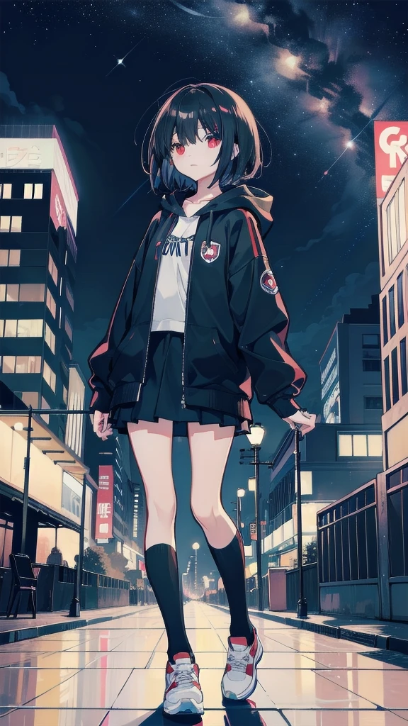 zettai ryouiki, Hoodie,short hair, Black hair, Flat chest, 1girl and 1cat Red eyes,s girl,hair pin,Solo,full body, highres,blue sky,City,Looking up at the shining star,Looking up at the sky,night,Starry Sky,Shining Milky Way,moon,Back view,The person is half of the screen