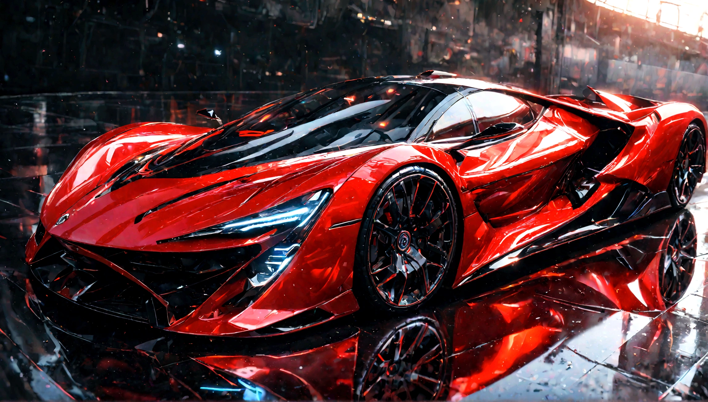 a futuristic supercar,highly detailed, 8k, photorealistic, glossy metallic finish, intricate mechanical parts, glowing neon accents, advanced aerodynamic design, sleek and angular body, vibrant red color, dramatic lighting, cinematic atmosphere, ground-level perspective