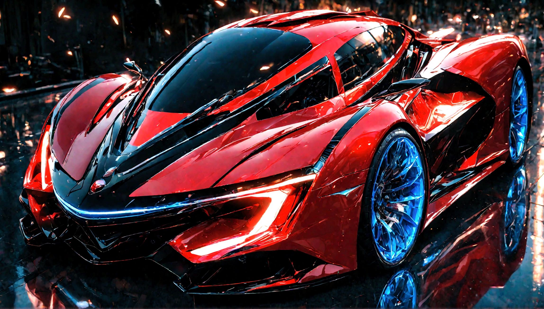 a futuristic supercar,highly detailed, 8k, photorealistic, glossy metallic finish, intricate mechanical parts, glowing neon accents, advanced aerodynamic design, sleek and angular body, vibrant red color, dramatic lighting, cinematic atmosphere, ground-level perspective