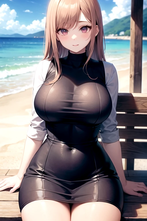 An anime girl with a bust size of 91 cm typically fits the archetype of a voluptuous character, often portrayed with an hourglass figure. Here are some details that can describe such a character:

### Physical Appearance:
1. **Bust Size**: 99 cm, which indicates a large bust size often used to emphasize a character's femininity.
2. **Waist**: A proportionally smaller waist, enhancing the hourglass figure.
3. **Hips**: Likely wider to balance the bust, curvaceous silhouette.
4. **Height**: 191 cm
5. **Hair**: colors like scarlet red 
6. **Eyes**: Large, expressive eyes, bright blue colour 

### Personality Traits:
1. **Confident**: confident and assertive.
2. **Flirty or Seductive**: having playful or flirtatious nature
3. **Caring and Protective**: nurturing and protective side.

### Attire:
1. **Fitted Clothing**: white shirt and black short skirt
2. **Variety**: wearing Japanese school uniforms
(Seating on a bench near a sea shore) In 4k