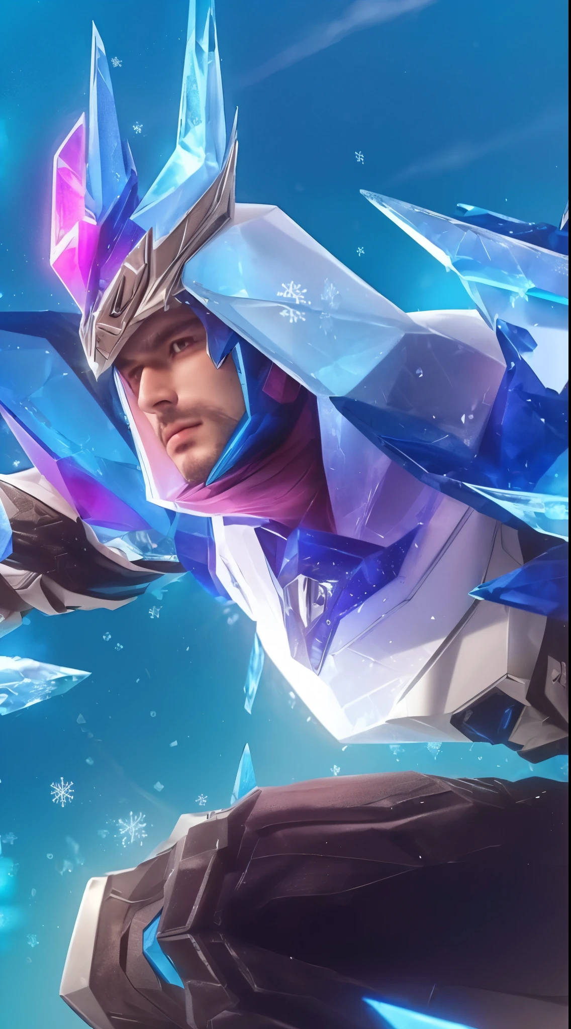 a close up of a man with crystalline skin, handsome, blue and white outfit, cryokinesis abilities, (best quality,4k,8k,highres,masterpiece:1.2),ultra-detailed,(realistic,photorealistic,photo-realistic:1.37),portrait,highly detailed face, piercing blue eyes, sharp facial features, delicate skin, intricate ice crystal patterns, dynamic pose, snowflakes, icy backdrop, cool color palette, dramatic lighting