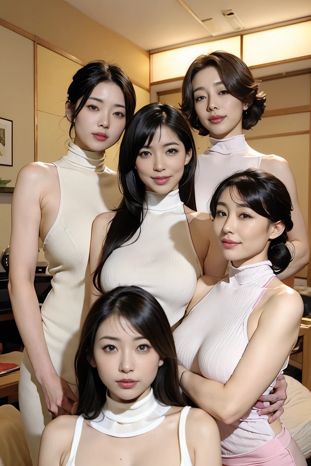 (((Group photo of top 3 beautiful Japanese moms)))、They all have different types and hairstyles but are beautiful.、((All of them are obscene and have long breasts that are too big.))、Different sexual poses、Everyone has big breasts wearing a white turtleneck sleeveless knit sweater、A room filled with the smell of meth、((Everyone emphasizes their big breasts))、livingroom