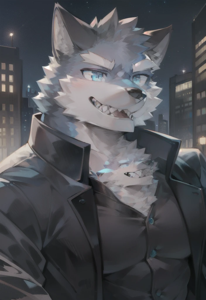 personal,Just not good, Muscular body, younger,Gray fur,Gray fur,body torn, Bustling night city background,Direct vision,smiling,Sharp teeth are exposed,Happy Mood,Beautiful night sky, Wear a loose black jacket,wolf furry character,blue eyes,very handsome
