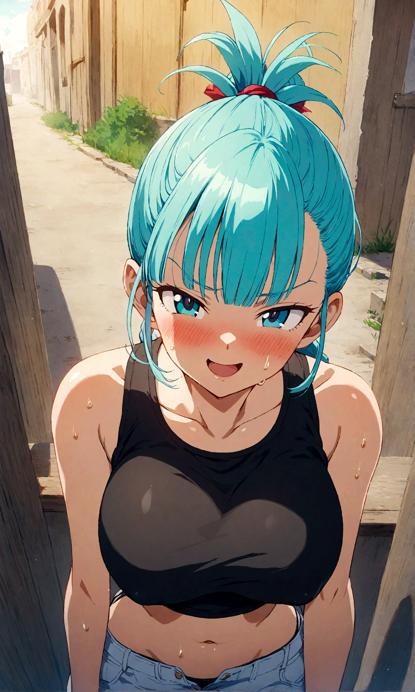 score_9, score_8_up, score_7_up, rating_safe ,BREAK from front,standing,.pov,top angle,,straight-on,
,(upperbody), 1girl, bulma, dragon ball, aqua hair,bangs,hair ribbon,braided ponytail,(black_tanktop),navel,midriff ,hot_pants,open fly,,large_breast.puffy nipple:1.2 ,(smug,Sweat,),(blush:1.2),openmouth,,,
,Solo,,(daytime and outdoor,),
,,,detailed skin,(masterpeace),(best quality),(good quality),(great quality),(aesthetic,very aesthetic),((anime,anime Style,anime keyvisual,cel shading)),anime coloring,sharp focus,depth of field,(beautiful,more detail XL),,,(cinematic lighting,professional lighting),cinematic shadows,backlighting.lens flare.