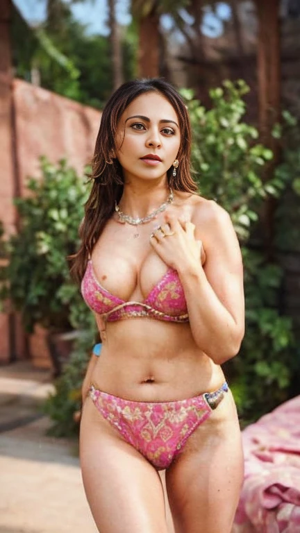 Day scene,rkps woman, close up photo of a woman from top view, posing in  bedroom, wearing ((micro bikini)), perfect figure, navel,swooping breasts, deep cleavage, look at viewer, intricate details, rakul preeth singh,(perfect beautiful eyes),((ultrarealistic)), kodak, cool color