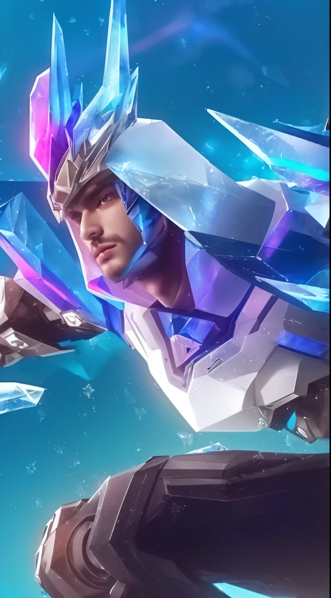 a close up of a man with crystalline skin, handsome, blue and white outfit, cryokinesis abilities, (best quality,4k,8k,highres,masterpiece:1.2),ultra-detailed,(realistic,photorealistic,photo-realistic:1.37),portrait,highly detailed face, piercing blue eyes, sharp facial features, delicate skin, intricate ice crystal patterns, dynamic pose, snowflakes, icy backdrop, cool color palette, dramatic lighting
