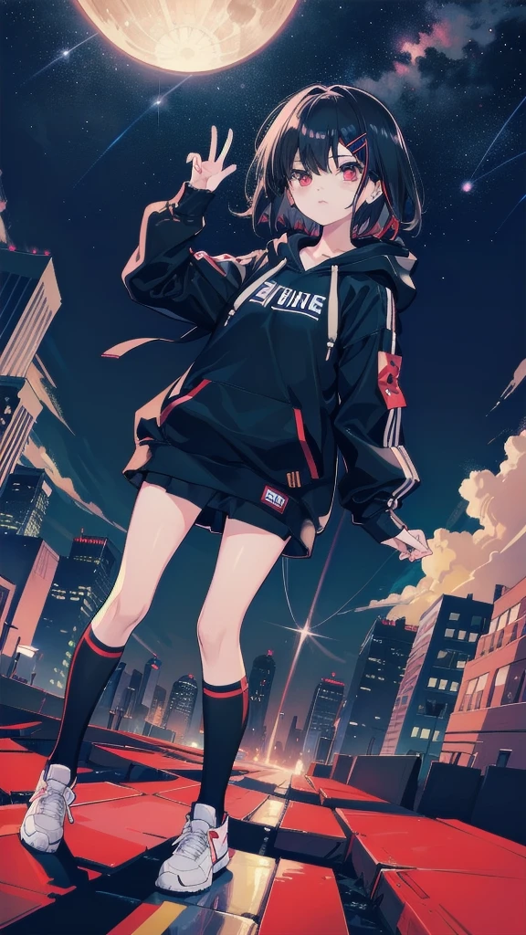 zettai ryouiki, Hoodie,short hair, Black hair, Flat chest, 1cat Red eyes,teens girl,hair pin,Solo,full body, highres,blue sky,City,Looking up at the shining star,Looking up at the sky,night,Starry Sky,Shining Milky Way,moon,Back view,The person is half of the screen