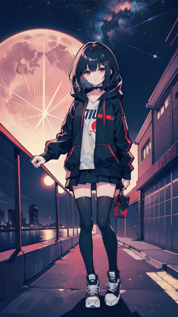 zettai ryouiki, Hoodie,short hair, Black hair, Flat chest, 1cat Red eyes,teens girl,hair pin,Solo,full body, highres,blue sky,City,Looking up at the shining star,Looking up at the sky,night,Starry Sky,Shining Milky Way,moon,Back view,The person is half of the screen