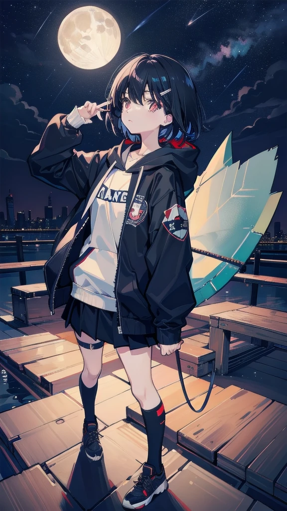 zettai ryouiki, Hoodie,short hair, Black hair, Flat chest, 1cat Red eyes,teens girl,hair pin,Solo,full body, highres,blue sky,City,Looking up at the shining star,Looking up at the sky,night,Starry Sky,Shining Milky Way,moon,Back view,The person is half of the screen
