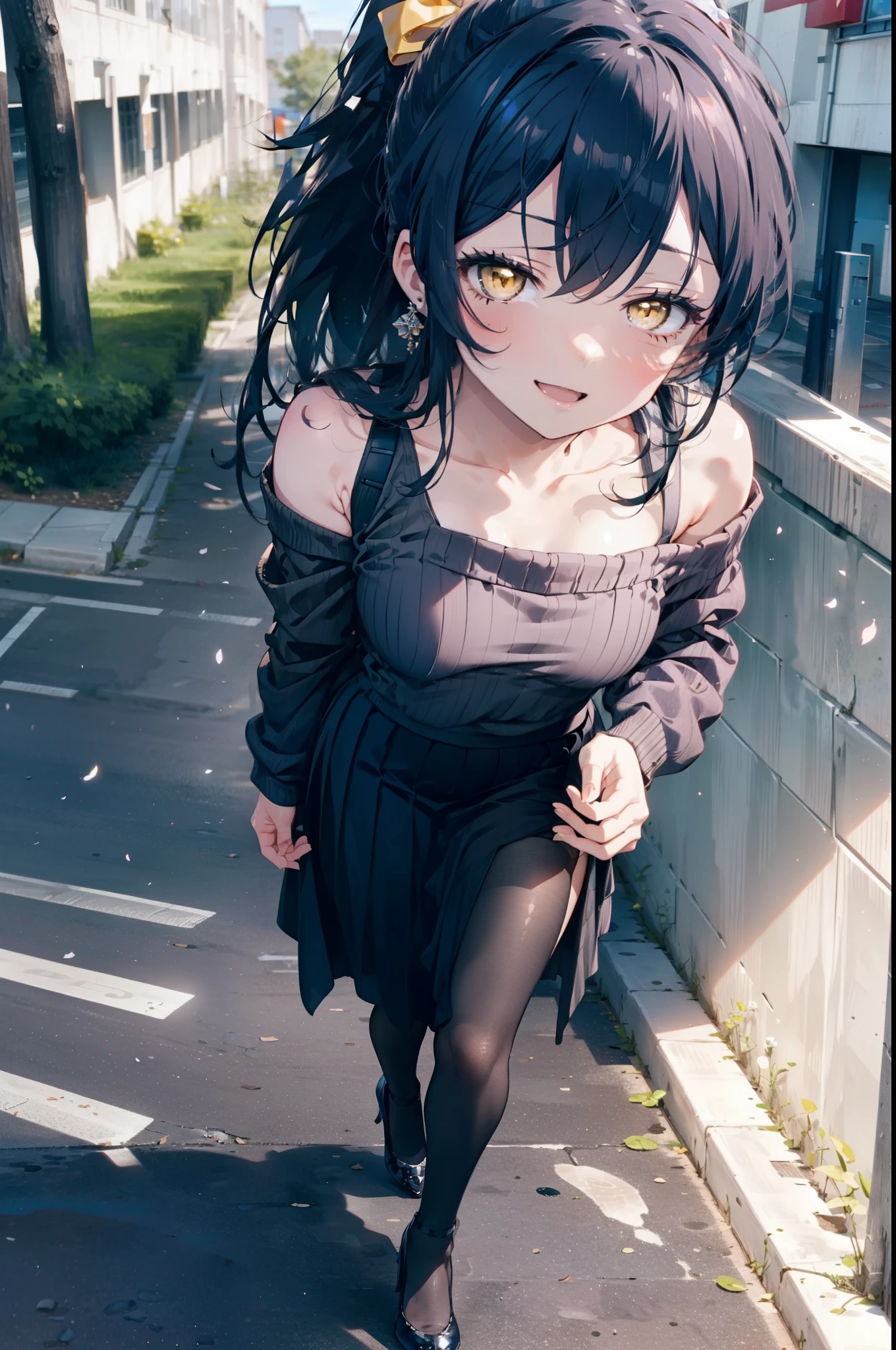 Kamisonoda, Umi Sonoda, Long Hair, ponytail,Blue Hair, (Yellow Eyes:1.5) (Flat Chest:1.2),happy smile, smile, Open your mouth,One-shoulder sweater,Long skirt,Black pantyhose,Stiletto heels,Daytime,Clear skies,walking,
break looking at viewer,whole body,
break outdoors,School,school gate,
break (masterpiece:1.2), highest quality, High resolution, unity 8k wallpaper, (figure:0.8), (Beautiful fine details:1.6), Highly detailed face, Perfect lighting, Highly detailed CG, (Perfect hands, Perfect Anatomy),