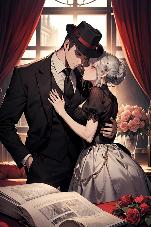 **Color Palette**: Select a color palette that exudes passion and mystery. Deep reds, blacks, and grays can symbolize both romance and the dangerous world of the mafia. Adding a hint of gold or silver can convey luxury and wealth.
**Images or Illustrations**:
   - **Couple**: Feature a couple on the cover, with the female character (Emma) and the male character (Lucas) in an embrace, or a passionate pose. Make sure their chemistry is visible, but keep it tasteful.
   - **Mafia Element**: Incorporate subtle mafia-related imagery, such as a silhouette of a man in a fedora, or a gun and roses, to hint at the danger in the story.
