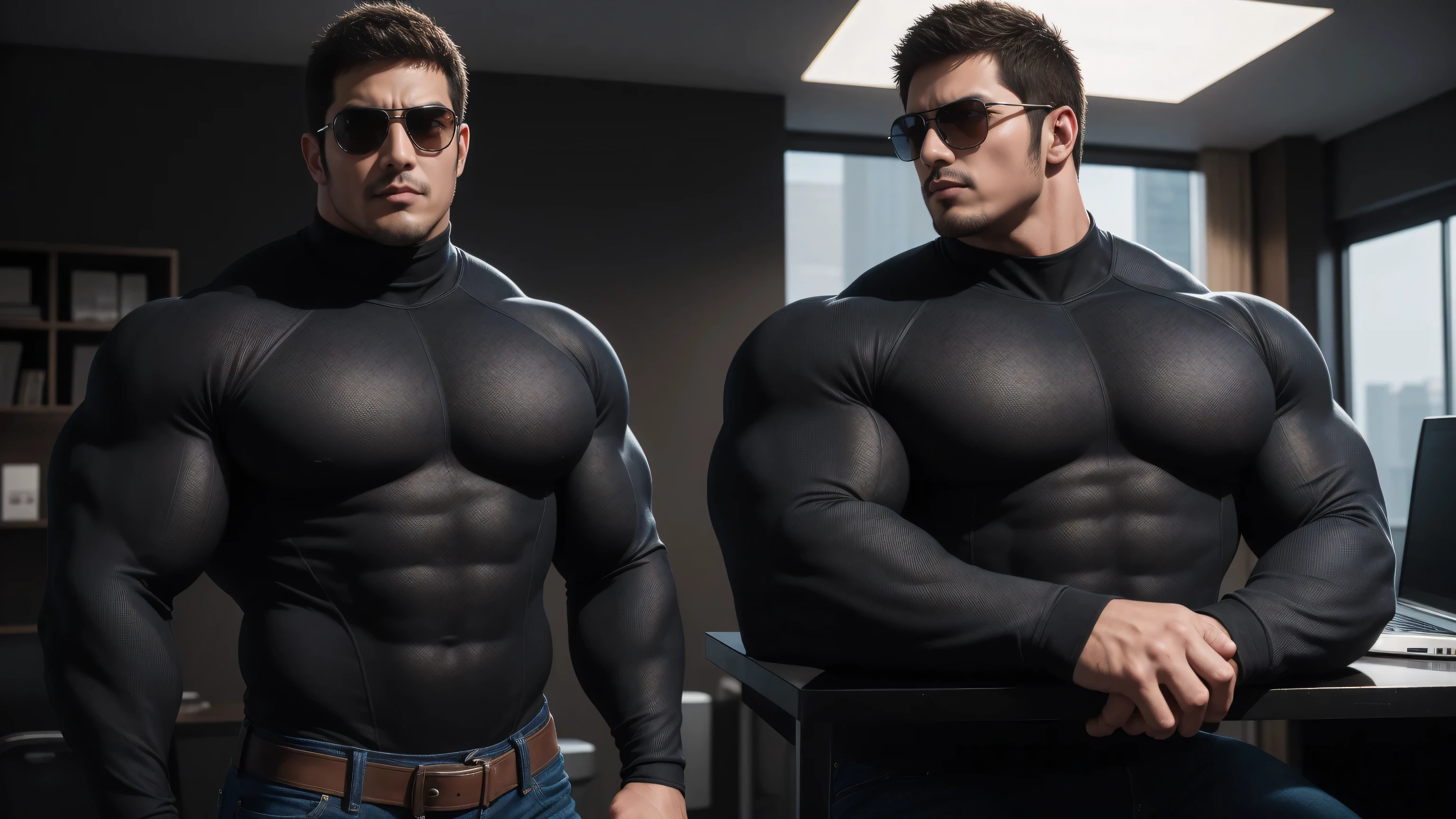 1 super muscular man, He wears sunglasses,The texture of the brown denim fabric of the tights,Sitting in the office,Working on a laptop with a focused look,He wears sunglasses,Buzz Cut,In a luxurious office, Wear a long-sleeved brown turtleneck tights, Denim fabric texture,Thickened warm elastic texture,Clothes are very dirty with mud stains,The expression is arrogant, Thick thighs, High collar long sleeve coffee color high collar tights, very tight, Regular symmetrical pattern, Highlight muscles, Denim fabric texture, character concept(Resident Evil - Chris Redfield, Chris Redfield)A proud expression, Deep and charming eyes, Heroic male pose, tall Burly, muscular!muscular thighs, tough guy, perfect facial features, High, Burly, Heqiang, Super polished and cool, High Resolution Committee, Charismatic, Sunlight through the window, shine on body