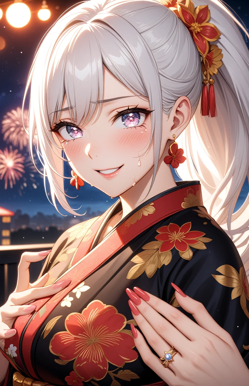 ((one personの女性)), Beautiful Face,((cry:1.5)),(Wink:2.0)),Laughing embarrassedly,Laughing with mouth open,((Bright red cheeks:1.4)),Glossy pink lips,night,Rooftop festival venue,You can see the ocean,firework,((Anime style background)),masterpiece, highest quality, so beautiful, Latest, Complex details, (Pink long nails),(ring),AI-generated, Complex,High resolution, highest quality, super high quality,3D Images、View your viewers、3D Images,one person,Long white hair,High Ponytail,blue eyes,Anime woman posing for a photo, ((Fine grain、Silvery white colorful eyes、Shining Eyes:1.3)),(Squint your eyes:1.1),a hyperRealistic , hyperRealistic , Realistic,Anime woman with long and white hair, Smooth anime CG art, A woman in a colorful kimono with gold embroidery, (Black kimono),Red floral pattern,Long flower hair ornament,Big earrings,Mature Body,(Big Breasts:1.1),Tall,Big Ass,Fine details,Narrow waist,Abdominal muscles,(Face close-up:1.4),(Wipe tears with your hands:1.3)