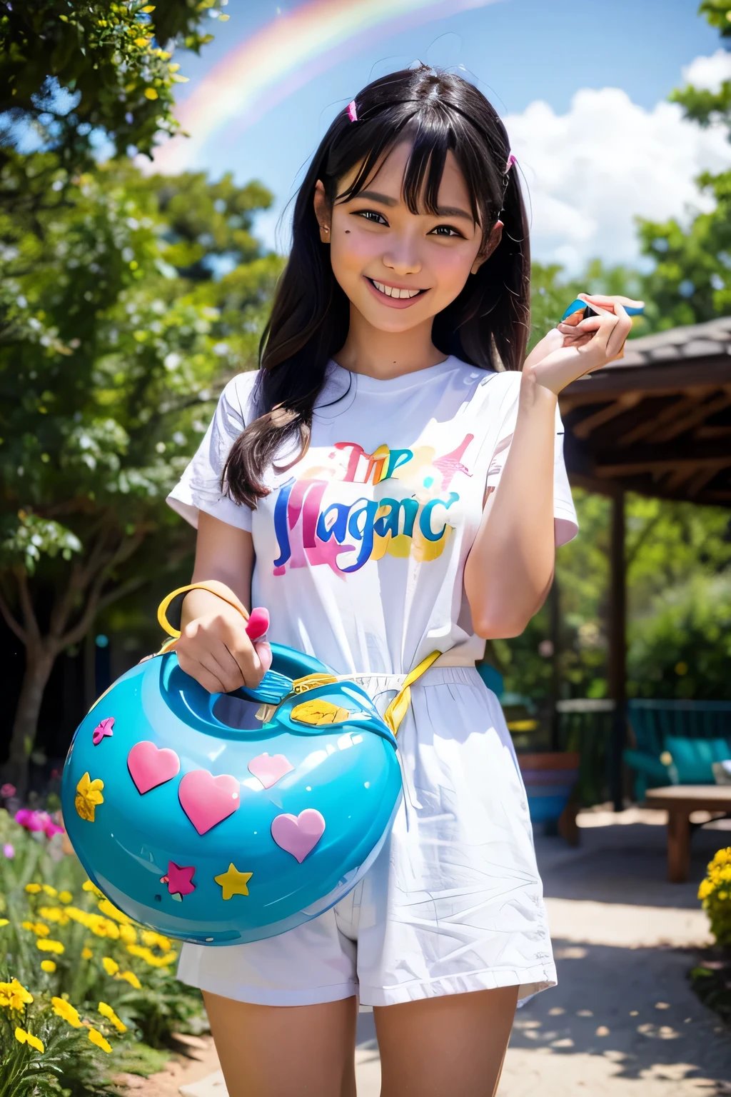 A girl standing with a beaming smile on her face, holding the jar of magic paint in her hands. It is surrounded by a magical and colorful environment, with colorful flowers, vibrant trees and a sky full of rainbows. 4k resolution