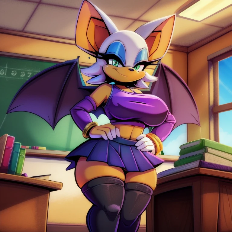 (uploaded on e621), (((by joelasko, by marthedog, by senshion))), detailed background, detailed, perfect hands, 5 fingers, ((ultradetailed, highest quality, 8k uhd, raw photo)), (full body shot, masterpiece, best_quality, ultra-detailed, immaculate:1.3), 1girl, solo, breasts, looking at viewer, smile, skirt, large breasts, thighhighs, animal ears, jewelry, green eyes, white hair, wings, indoors, bracelet, makeup, bat wings, furry, desk, eyeshadow, furry female, classroom, school desk, animal nose, bat ears, Rouge the bat, standing next to desk, purple crop top, winking, wide hips, hand on hips