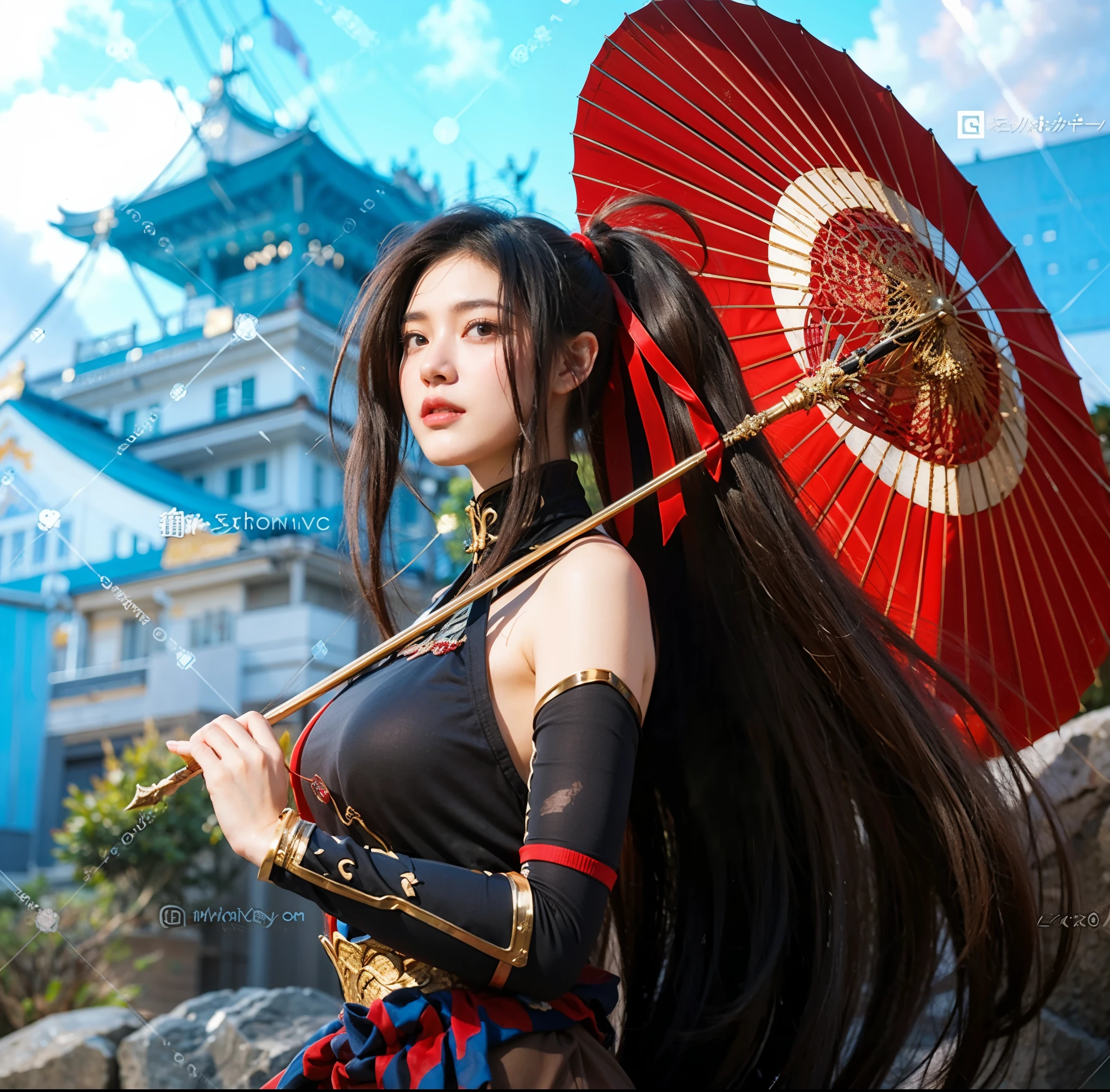 Araffe woman with long black hair holding a red umbrella - SeaArt AI