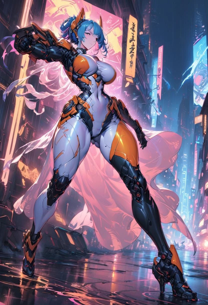 (masterpiece), (best quality:1.4), (perfect anatomy:1.4), high quality, expressive eyes, full body, tall girl, detailed face, beautiful face, perfect face, breasts, cleavage, gloves, A photograph of mid-twenties Japanese female android made of shiny white and silver translucent glass and plastic, geisha makeup and hairstyle, silver metal internal body mechanisms, dynamic pose, flowing organic construction, glowing golden circuitry, colorful neon trim, glowing circuitry, neon trim, depth of field focus f/2.8, art by H.R. Giger, Greg Rutowski, bodysuit, thick thighs, toned, emblem, superhero, dynamic lighting, 4k resolution, dynamic pose, weapon, energy weapon, cover, mecha musume, fortified suit, mechanical parts, headgear, robot joints, bodysuit, deva battle suit, gloves,