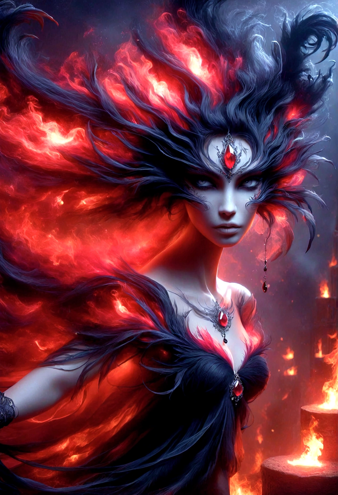Generate images of demons with crimson wings. Give this image a captivating aura and powerful feather movement. Next, Add a devil's dress designed to emphasize the lines of the body, With feather accents to create a dark and mysterious atmosphere. reeds, Combine accessories with black or dark red headpieces, Crimson Gemstone Necklace、Matching rings and earrings. Finally, Add dark tone makeup and red or black eyeshadow、Complete the atmosphere of the devil.