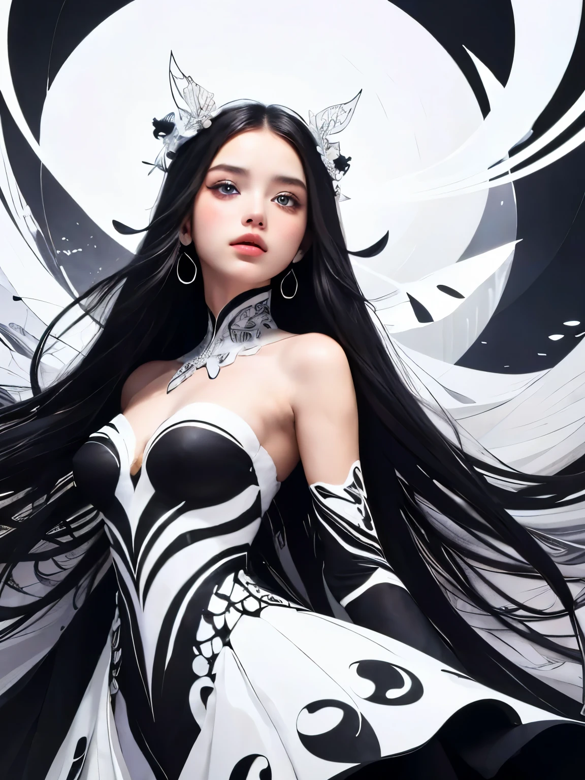 brand collection, fashion brand theme, highly detailed, beautiful, masterpiece, best quality, Geometric style abstract beauty,1 girl,, approaching perfection, digital painting, artstation, concept art, illustration, white and black colors, swirling patterns, abstract forms, surreal, Scattered geometry,
white petals, complicated background