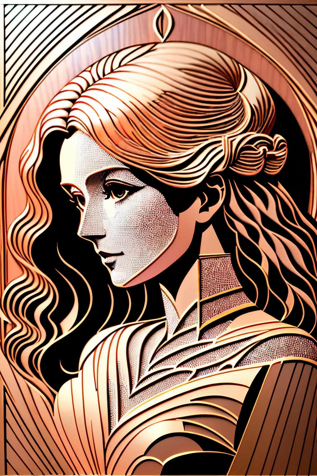 best quality, super fine, 16k, incredibly absurdres, extremely detailed, 2.5D, delicate and dynamic, pastel color pop art, colorful heart-shaped marquetry, (monochrome silhouette of beautiful woman with flowing hair)