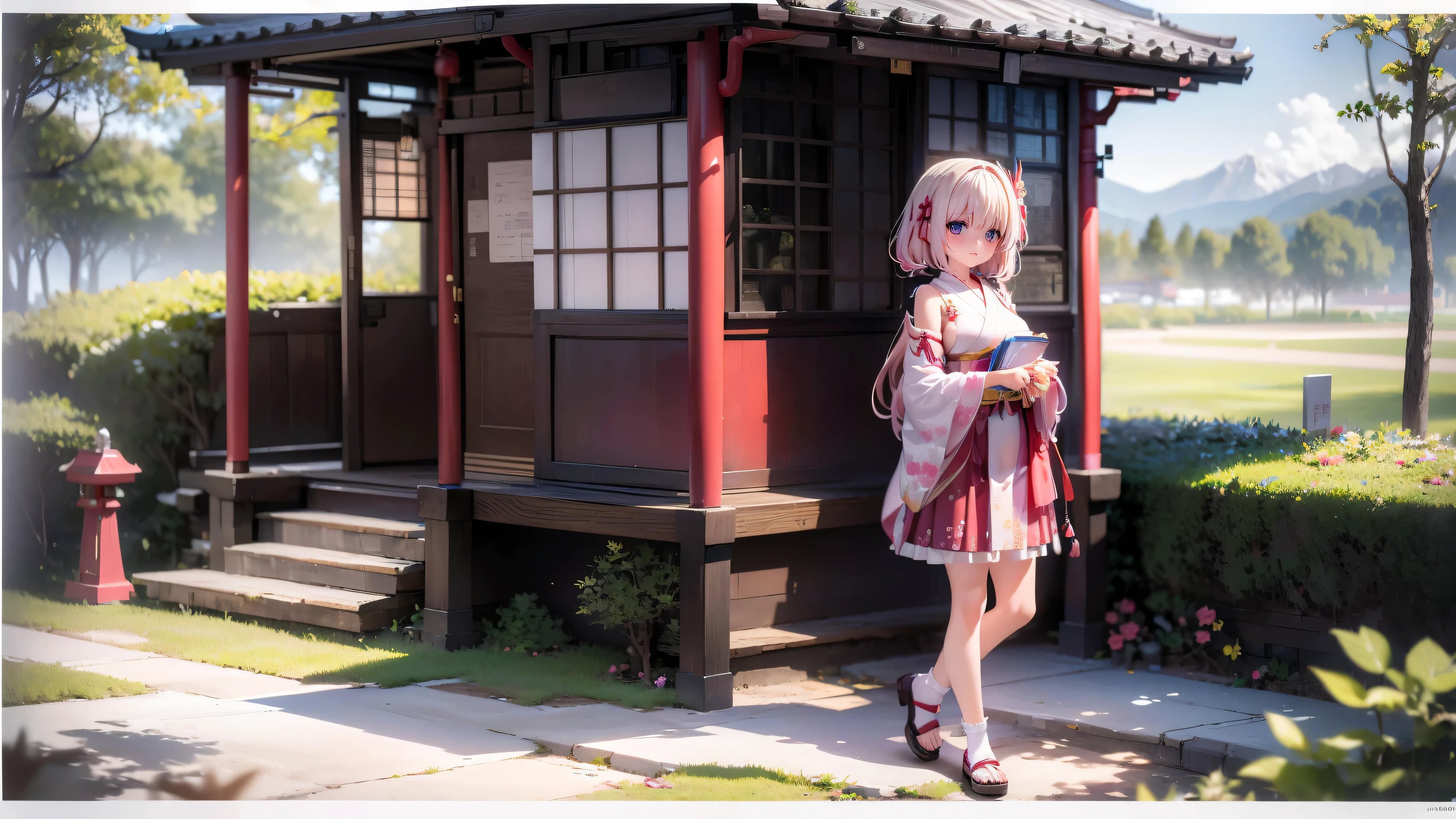 Girl、、Shrine maiden's kimono、Left breast sticking out