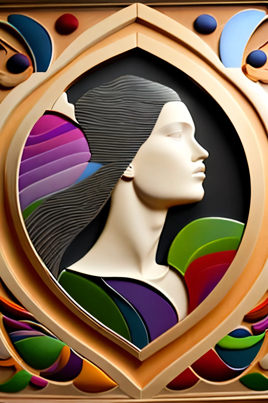 best quality, super fine, 16k, incredibly absurdres, extremely detailed, 2.5D, delicate and dynamic, pastel color pop art, colorful heart-shaped marquetry, (monochrome silhouette of beautiful woman with flowing hair)