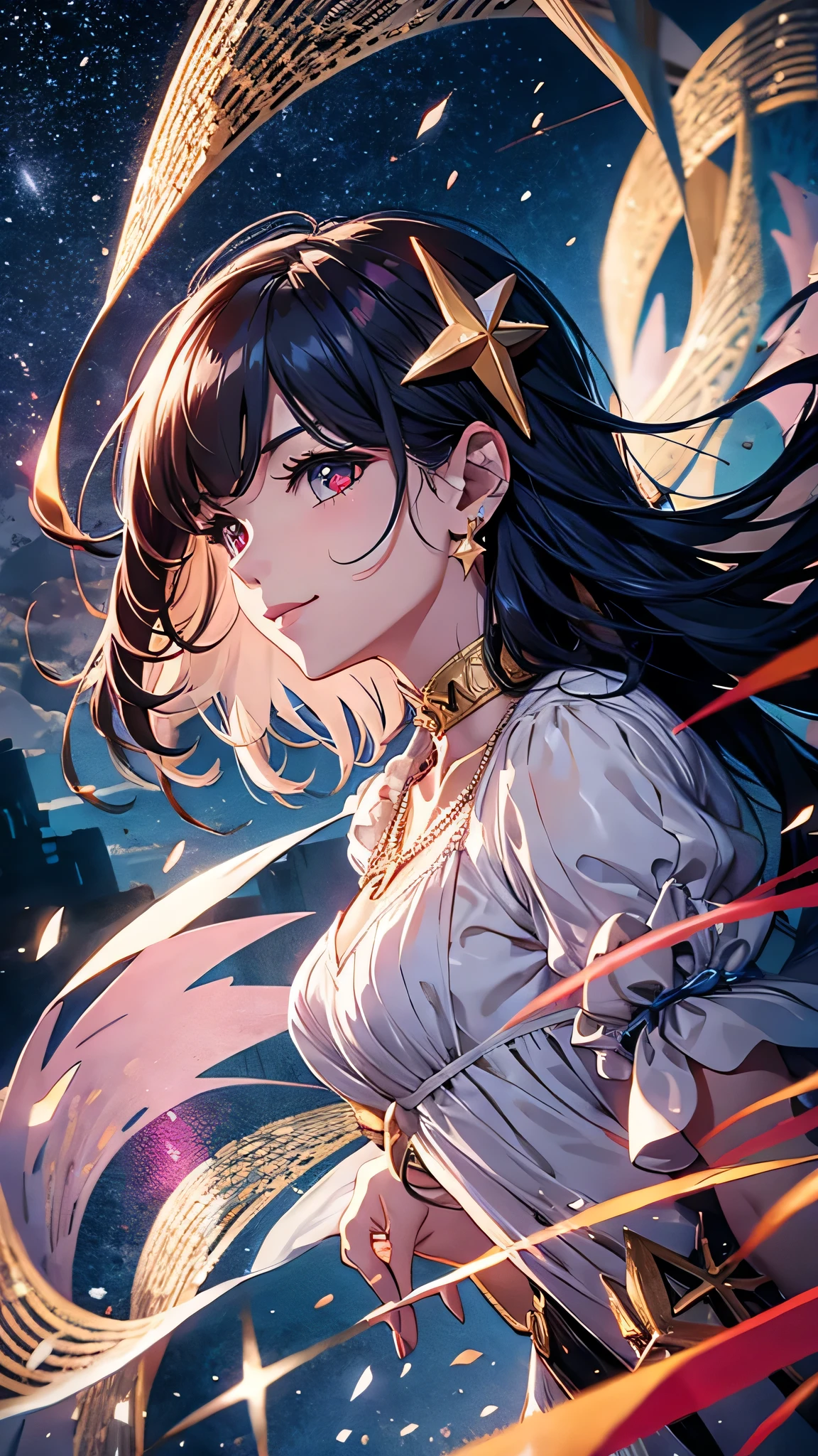 Highest quality、Highest quality、Masterpiece、girl((20-year-old、as soon as、Highest Bust、Medium Bust、Wide open chest、Red glowing eyes、Dark blue hair、Disheveled Hair、Loincloth、thin、The best valley、Open chest、hair ornaments、Full body view、White see-through dress、Random Pause、smile、headphone、Chain Accessories、necklace))、high quality、Beautiful Art、background((Collapsing Ground、no gravity、Floating Object、shooting star、universe、comet))、Depth((Earth))、flight、Flying Debris、Depth of text、movie、Visual Arts、Perfect Art、8K、Genuine、Special Angles
