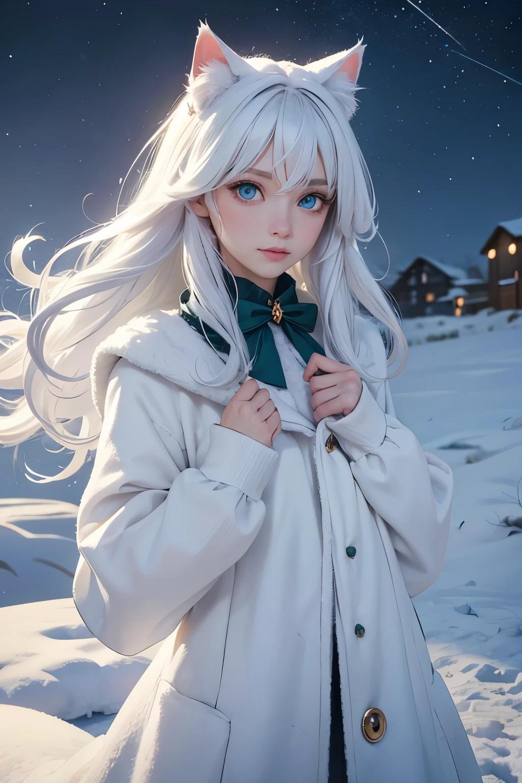 Cat girl, A extremally cute white frosty cat with curly white hair, blue-green mother of pearl eyes, deep in the frosty snow of winter, blowing snow, snowy haze, a full moon, a deep river, and a mysterious image. It's night but it's bright. frosty looking cat, gorgeous, beautiful eyes 24k photorealistic extreme depth of color in eyes and collar.