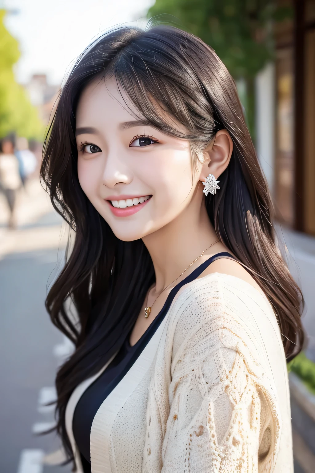 Beautiful young woman、 Korean women、Black Hair、Wavy Hair、ear piercing、Necklace around the neck、blouse、smile、Laughing with your mouth open、Beautiful teeth alignment、Intricate details, Very detailed:1.2), 、 Looking into the camera,The background is the town、Cardigan draped over shoulders