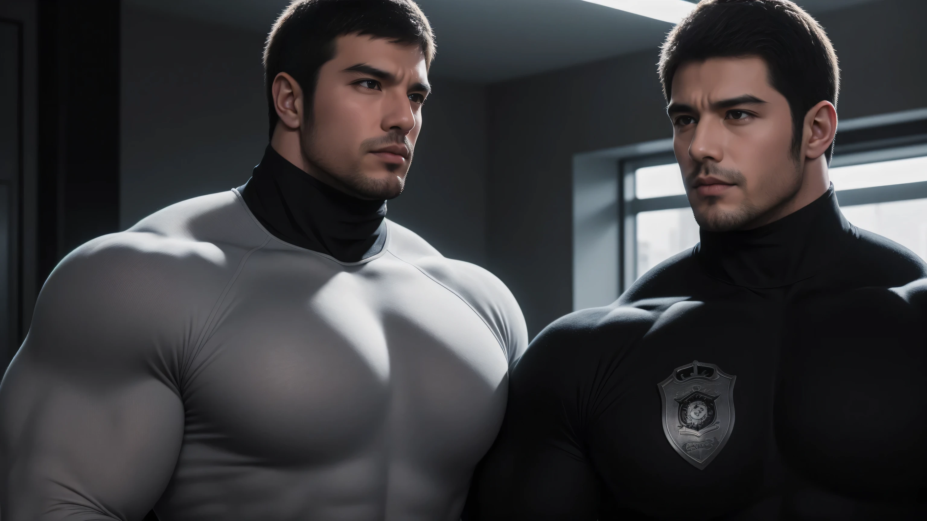 Super muscular man hugging, kissing and caressing,  Open mouth and scream，Look at each other affectionately，They hugged each other affectionately，Buzz Cut，In a luxurious and noble mansion, Wear a long-sleeved light grey turtleneck tights, Thickened warm elastic texture，Clothes are very dirty with mud stains，The expression is arrogant, Thick thighs, Messy hair, Thick thighs, High collar long sleeve light grey turtleneck tights, very tight, Regular symmetrical pattern, Highlight muscles, Police uniform pants, character concept（Resident Evil - Chris Redfield, Chris Redfield）A proud expression, Deep and charming eyes, Heroic male pose, tall Burly, muscular！muscular thighs, tough guy, perfect facial features, High, Burly, Heqiang, Super polished and cool, High Resolution Committee, Charismatic, The sun shines through the customers