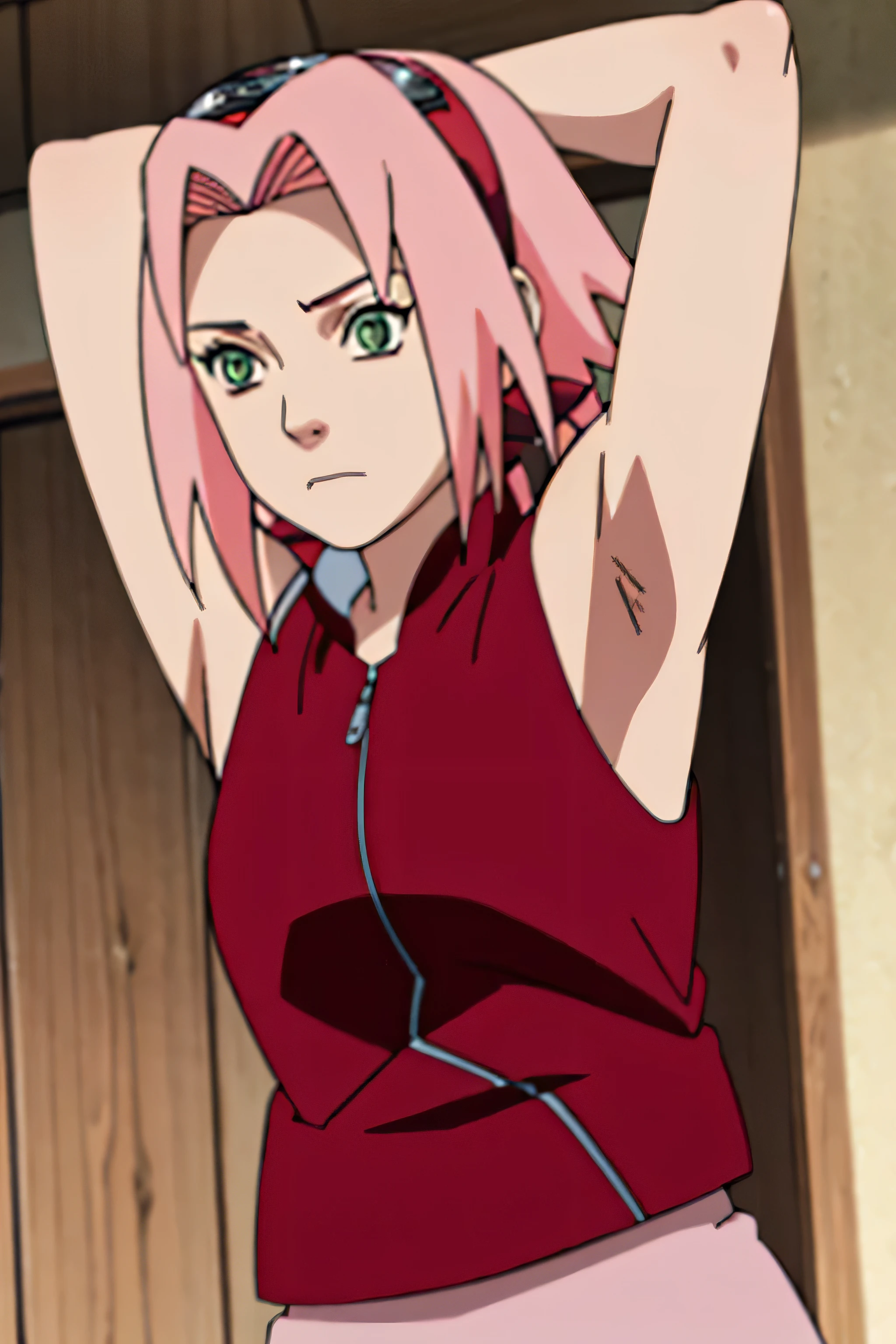 sakura haruno, sleeveless, red jacket, forehead protector, konohagakure symbol, arms behind head, armpits, showing armpits, posing, green eyes, perfect proportions, sakura shippuden
