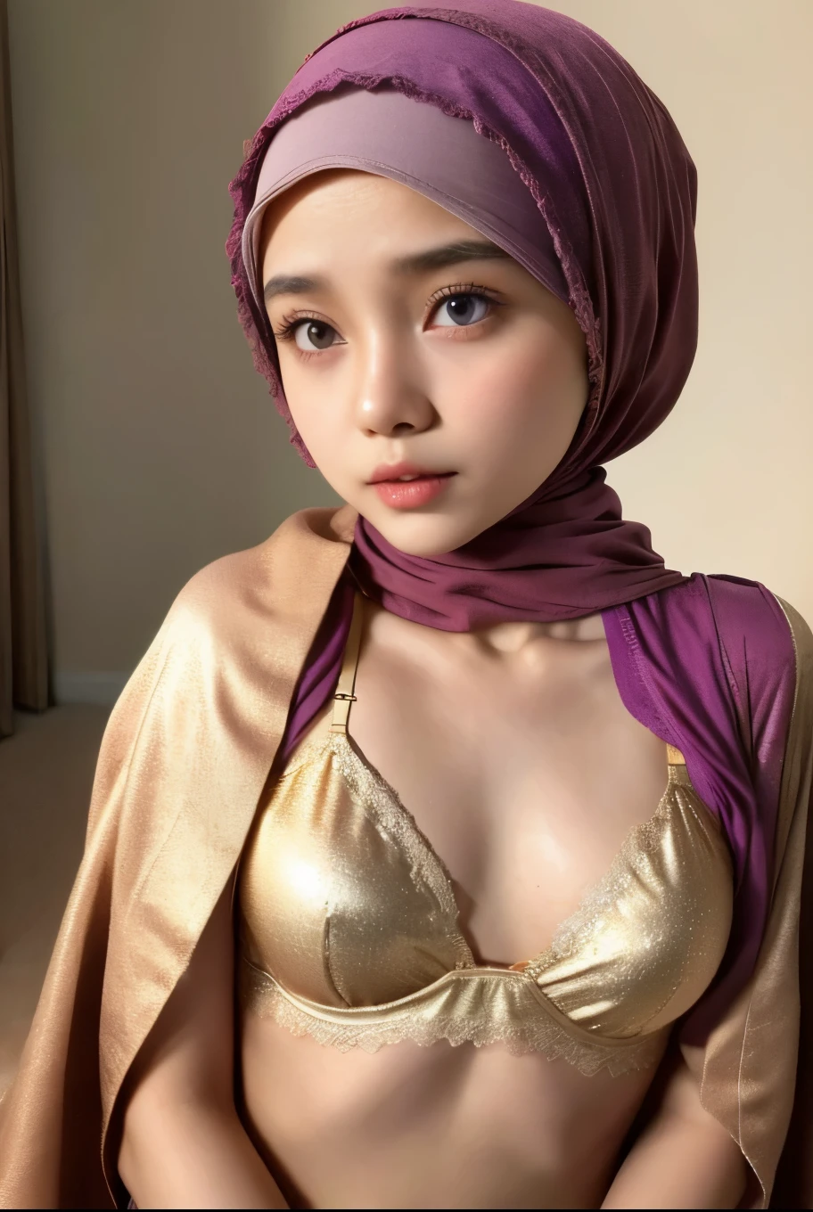 Very Thin body (Wearing Bra Lingerie), (((HIJAB MALAY GIRL))), masutepiece, High quality, UHD 32K, Realistic face, Realistic skin feeling , A Malay Lady, 8 years old, , Very cute and baby-like face, (((FLAT CHEST))), (MATRIX WORLD), ((look In front  at the camera and SADNESS)), ((())), (((CUTE GIRL))), ((BROWN LIPS)), ((BROWN)), (undress). WEAR BRA LINGERIE, gold, purple, lace