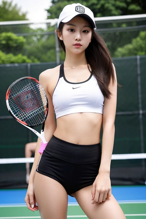 ((best quality)), ((masterpiece)), (detailed), 1girl, beautiful straight black long hair , white cap , white sports bra , black short pants , sexy pose , standing position , seductive gaze , perfect body , badminton court background , holding racket , perfect hands