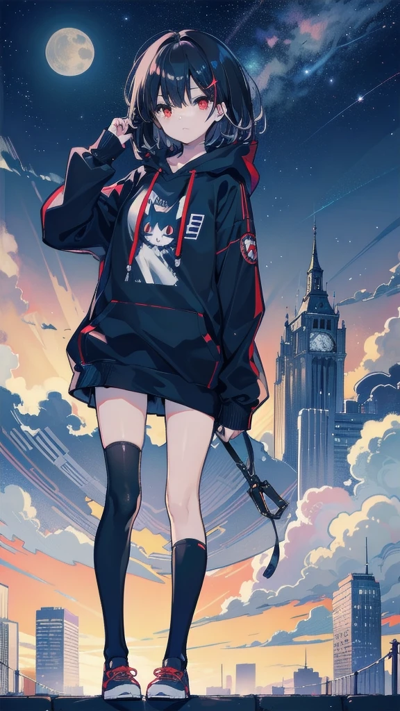zettai ryouiki, Hoodie,short hair, Black hair, Flat chest, 1cat Red eyes,hair pin,Solo,full body, highres,blue sky,City,Looking up at the shining star,Looking up at the sky,night,Starry Sky,Shining Milky Way,moon,Back view,The person is half of the screen,There is no one,Landscape only