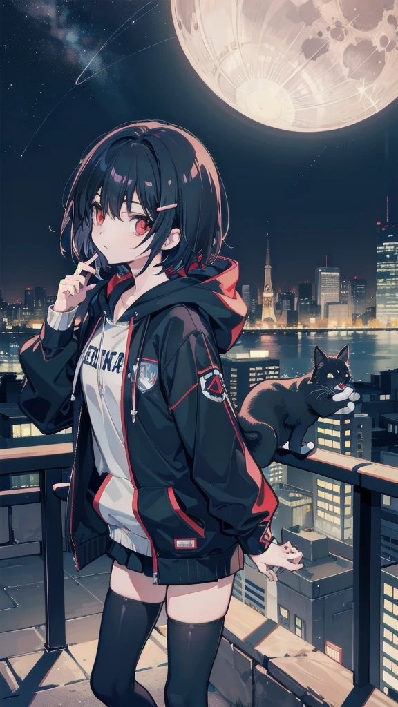 zettai ryouiki, Hoodie,short hair, Black hair, Flat chest, 1cat Red eyes,hair pin,Solo,full body, highres,blue sky,City,Looking up at the shining star,Looking up at the sky,night,Starry Sky,Shining Milky Way,moon,Back view,The person is half of the screen,There is no one,Landscape only
