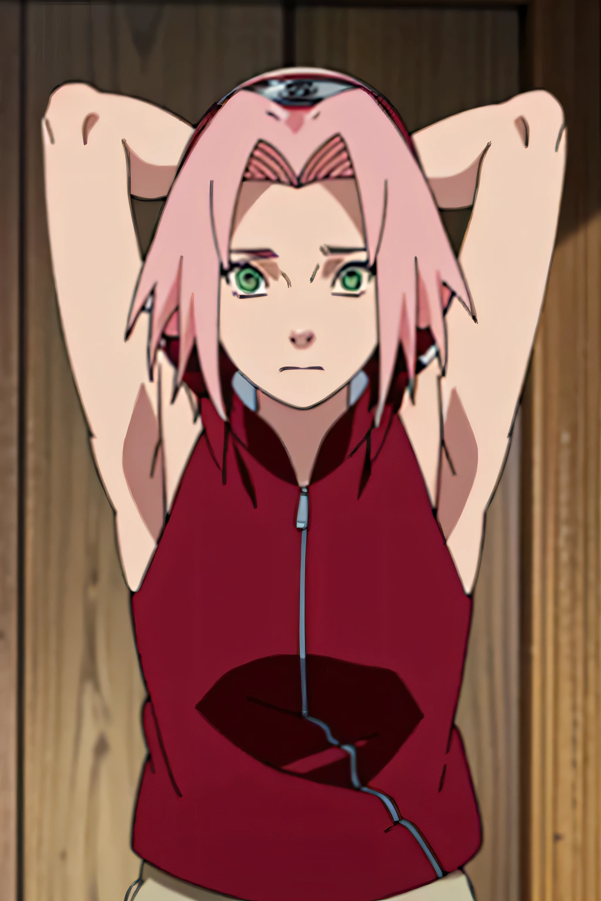 sakura haruno, sleeveless, red jacket, forehead protector, konohagakure symbol, arms behind head, armpits, showing armpits, posing, green eyes, perfect proportions, sakura shippuden