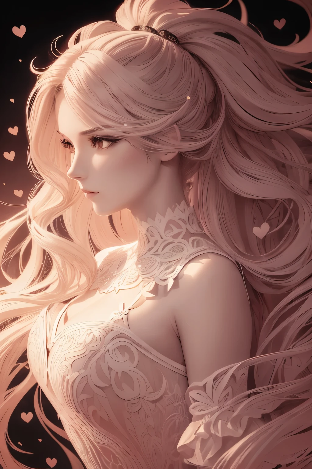 best quality, super fine, 16k, incredibly absurdres, extremely detailed, 2.5D, delicate and dynamic, pastel color pop art, colorful heart-shaped marquetry, (monochrome silhouette of beautiful woman with flowing hair)