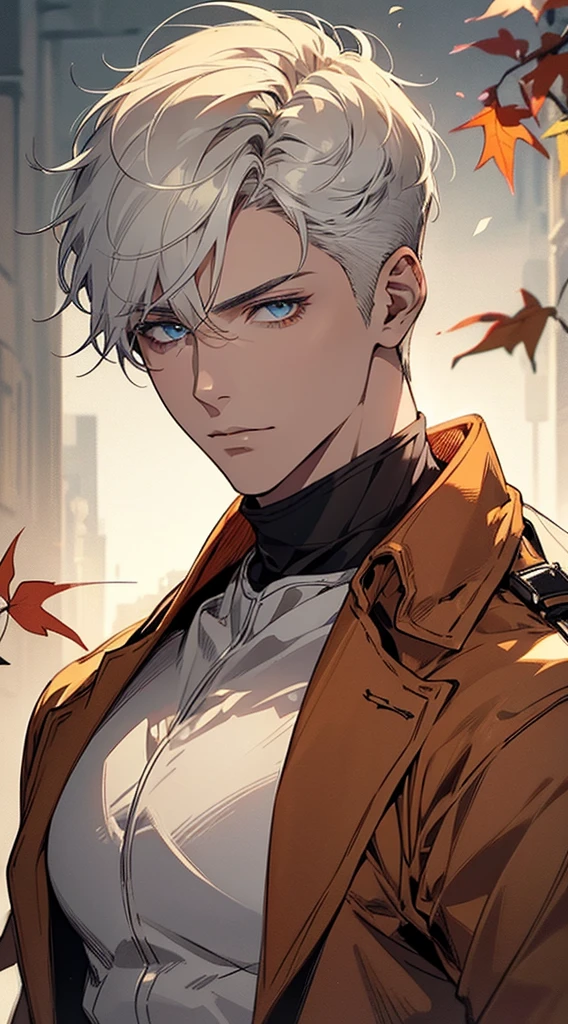 Handsome man , White hair , very Short hair, ((crew cut hair style:1 )) , Blue eyes , light skin , ((muscular:1)),masculine ,age 28,

(masterpiece, best quality:1.3),beautiful detailed glow,best illuminate,(((best quality,textile shading,ultra detailed))),extremely detailed CG unity 8k wallpaper,Highly Detailed beautiful and aesthetic,best light,high resolution,detailed,dynamic lighting , 1Character ,  pastel washed out colors , cell shade , soft, muted shades ,gentle colors ,

Wearing an orange turtle neck , close up head shot , fall colors , orange brown and leaves in the background, background blur, fall scene,
