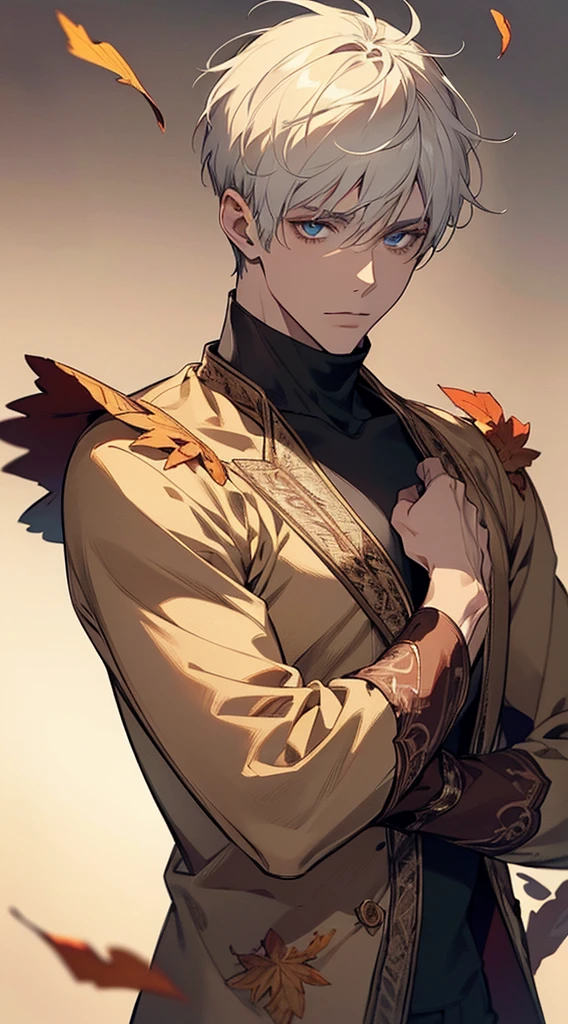 Handsome man , White hair , very Short hair, ((crew cut hair style:1 )) , Blue eyes , light skin , ((muscular:1)),masculine ,age 28,
(masterpiece, best quality:1.3),beautiful detailed glow,best illuminate,(((best quality,textile shading,ultra detailed))),extremely detailed CG unity 8k wallpaper,Highly Detailed beautiful and aesthetic,best light,high resolution,detailed,dynamic lighting , 1Character , pastel washed out colors , cell shade , soft, muted shades ,gentle colors ,
Wearing an orange turtle neck , close up head shot , fall colors , orange brown and leaves in the background, background blur, fall scene,